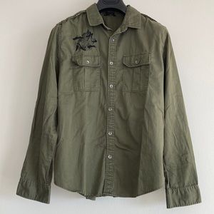 Guess Men’s Long Sleeve Embroidered Army Green Button Down Shirt- Size Medium
